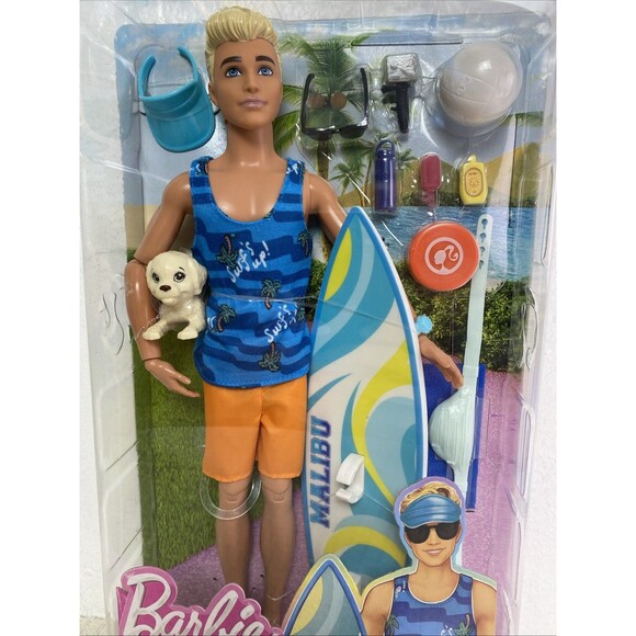 Beach Surfer Ken Doll With Surf Board Puppy Pet & Accessories Barbie Mattel - Picture 4 of 9
